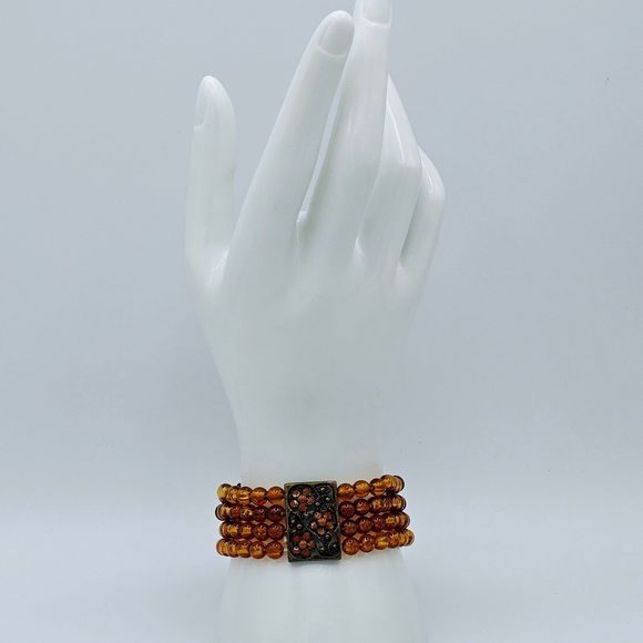 Autumn Bracelet Vintage Genuine Amber Bead Enamel Flowers Brass Filigree Stretch - Picture 8 of 10